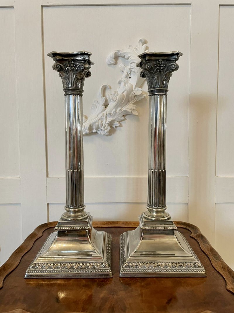Antique Pair of Silver Plated Corinthian Candlesticks